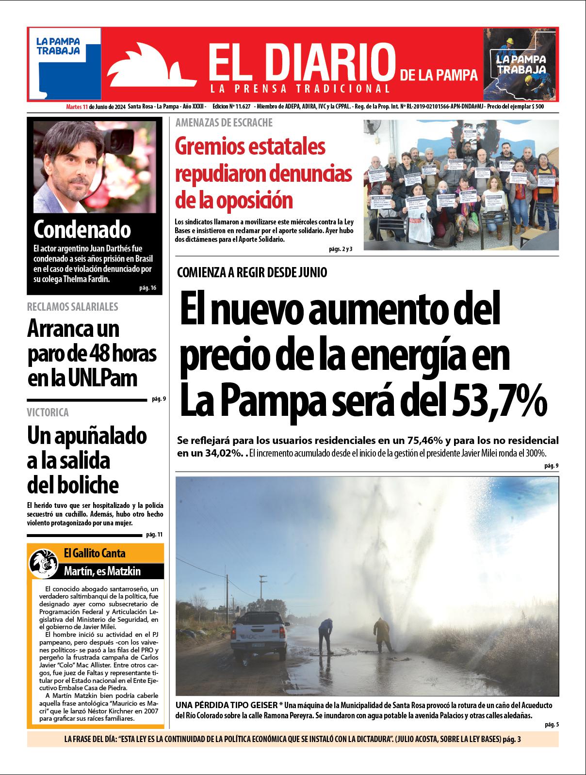 Tapa de El Diario en papel  martes 11 de junio de 2024
